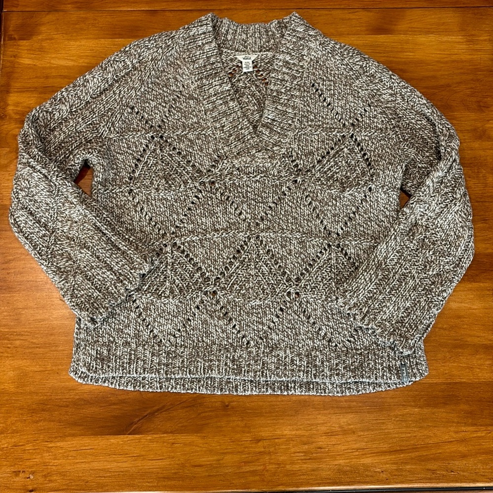 WOOLRICH WOMEN’S V-NECK KNIT SWEATER IVORY & TAUPE SLIGHT BELL SLEEVE SZ XL EUC